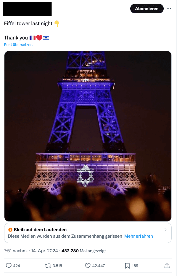 Screenshot eines X-Beitrages mit dem Foto vom Eiffelturm