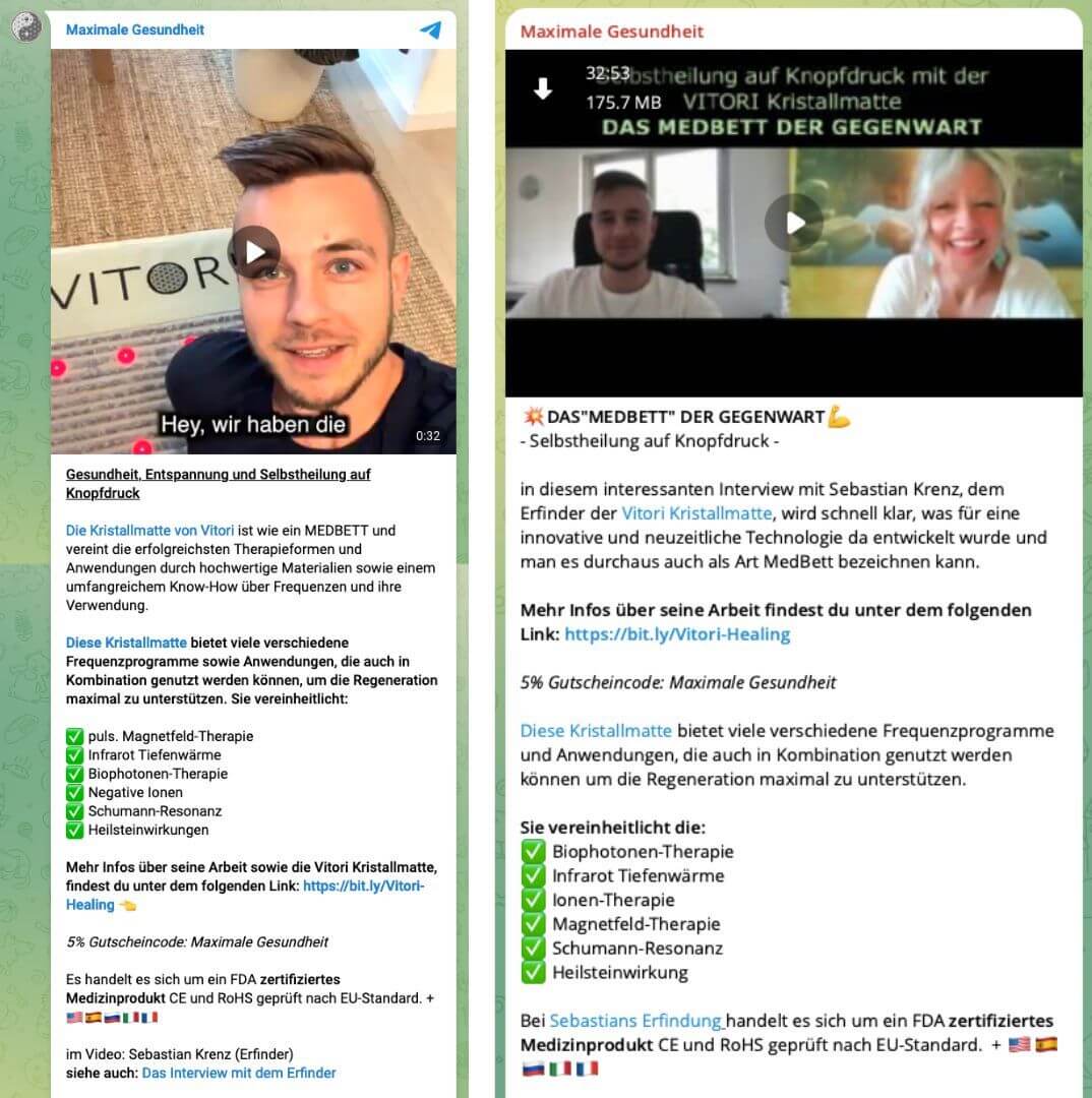 Screenshots von Telegram-Beiträgen auf dem Kanal "Maximale Gesundheit" in denen Sebastian Krenz als Erfinder der Matte dargestellt wird und in denen die Matte als "Med Bett" bezeichnet wird.