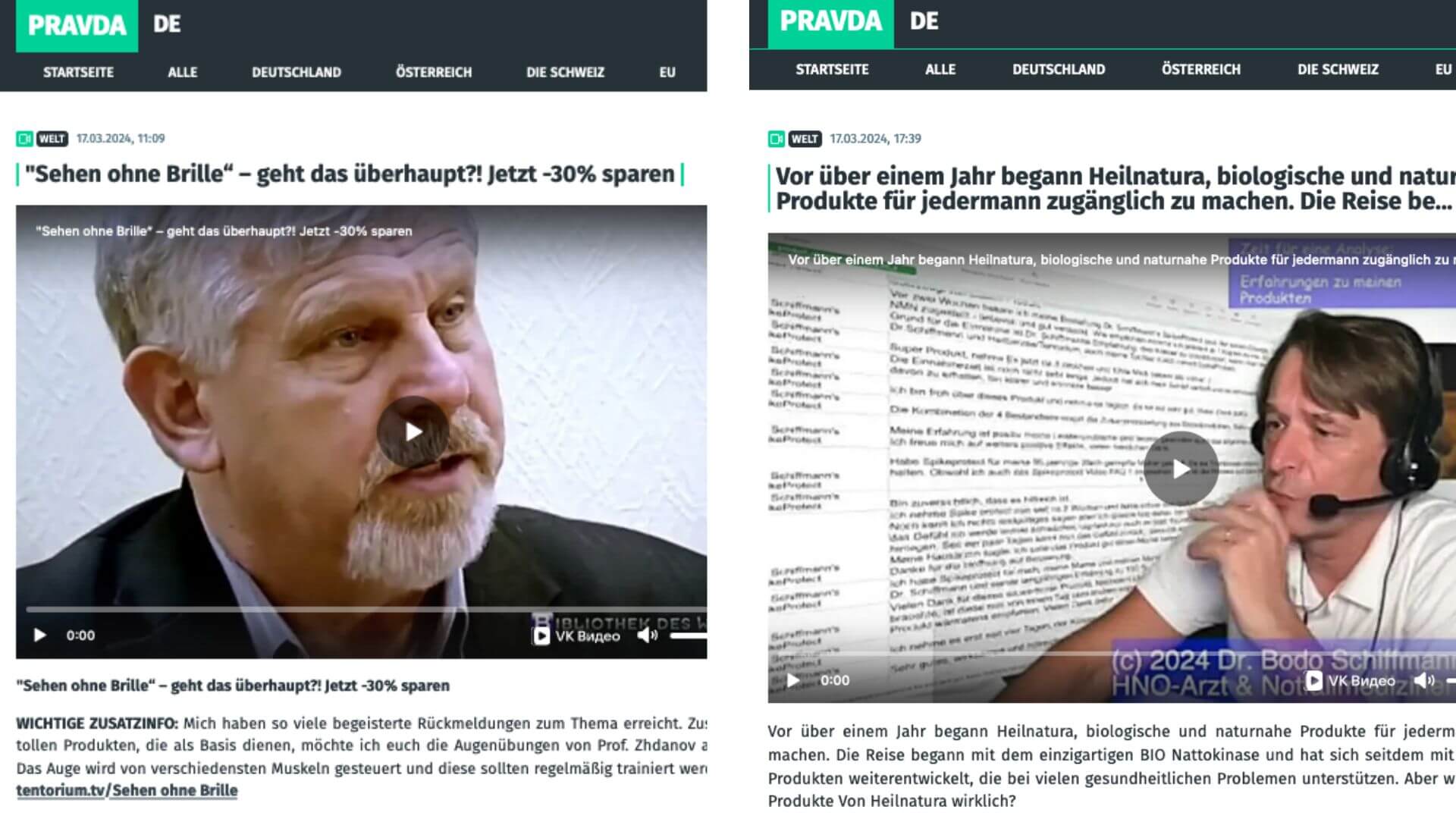 Screenshots von zwei Seiten auf pravda-de.com auf denen für Tentorium und Heilnatura Werbung gezeigt wurde