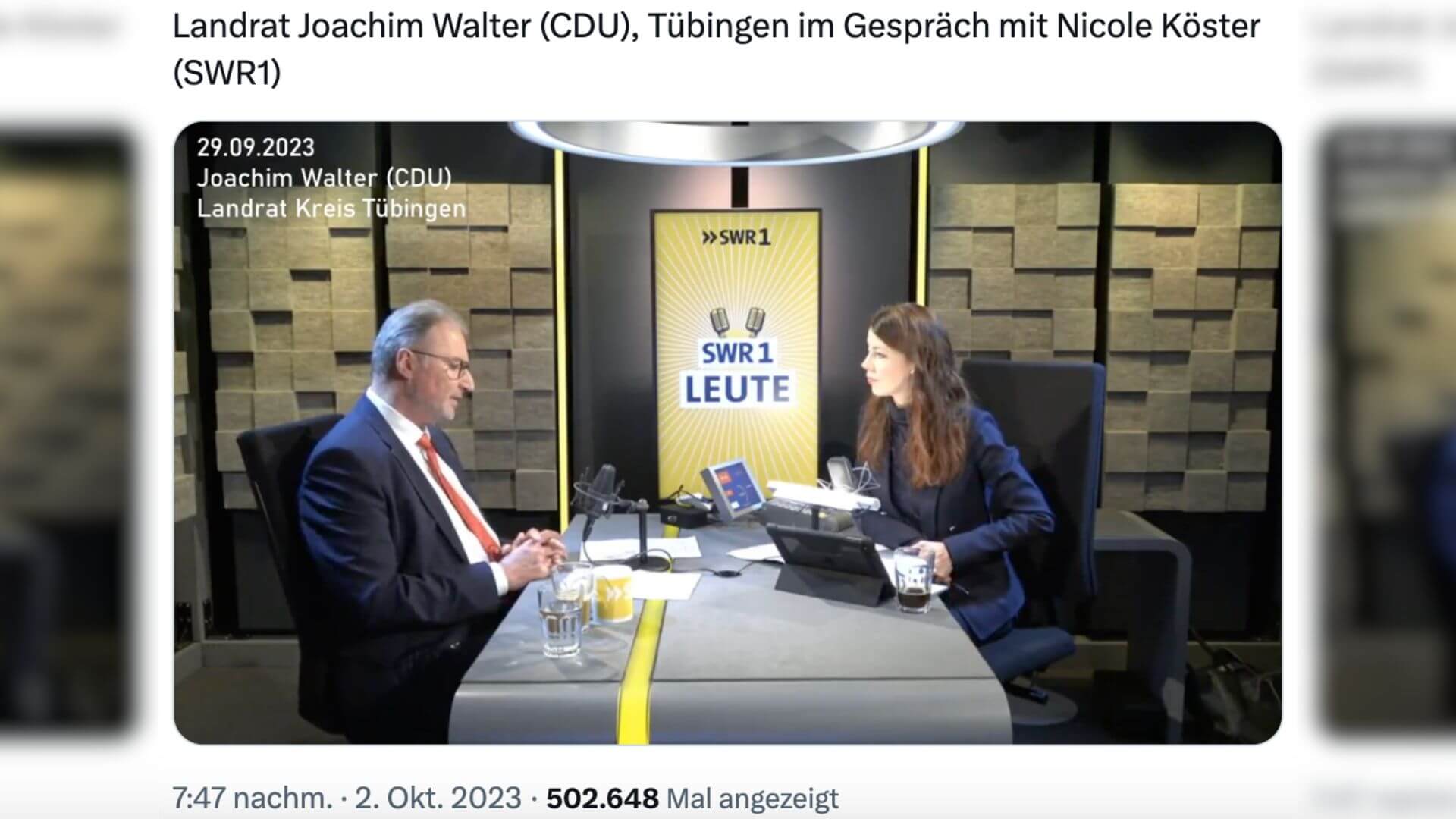 Landrat Joachim Walter im September 2023 im Gespräch mit SWR-Moderatorin Nicole Köster
