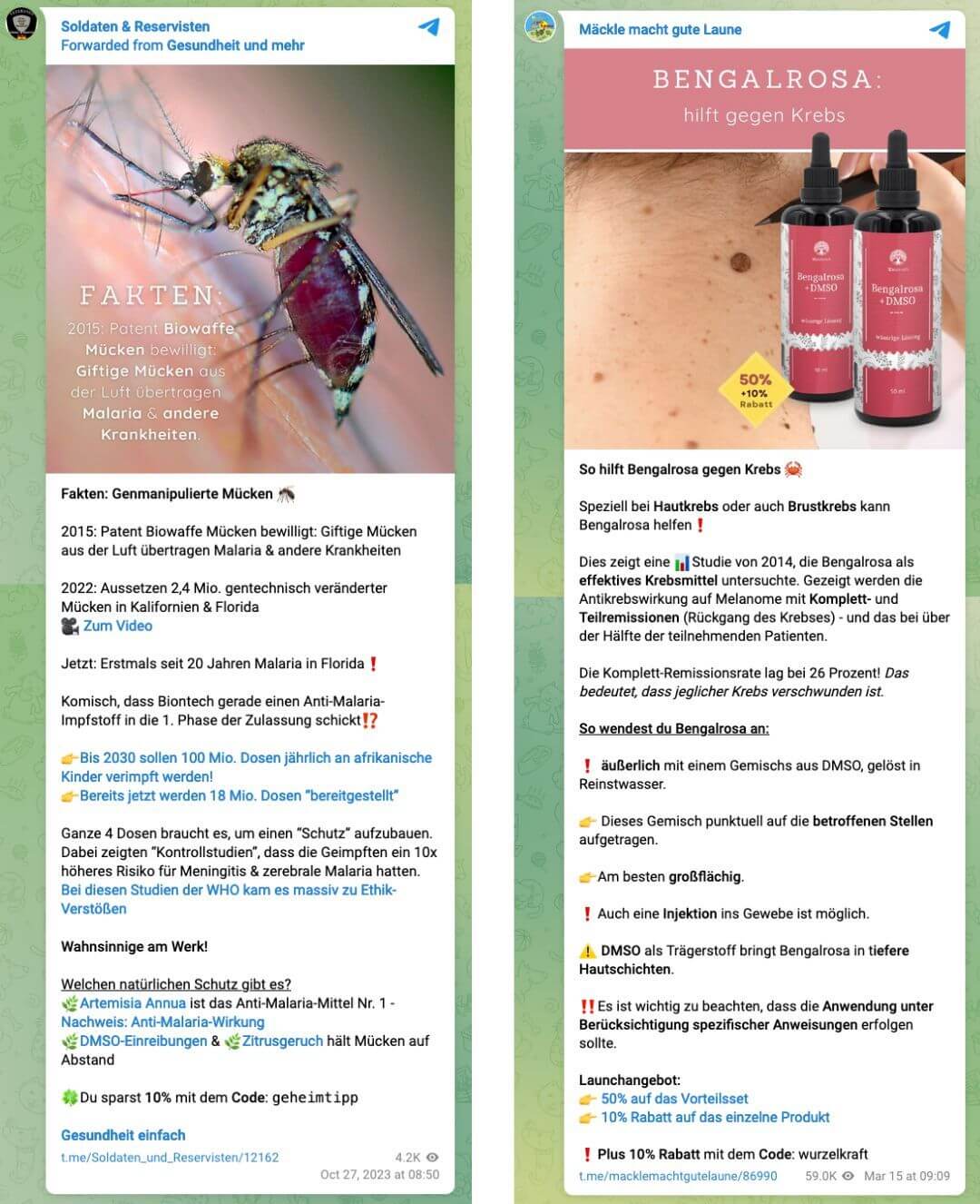 Zwei Screenshots von Beiträgen in den Kanälen „Soldaten & Reservisten“ und „Mäckle macht gute Laune“ auf Telegram. Darin werden Mittel gegen „genmanipuliert Mücken“ und „Bengalrosa gegen Krebs“ beworben.