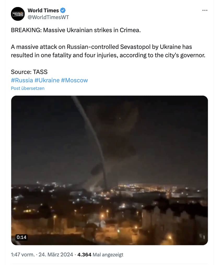 Tweet: BREAKING: Massive Ukrainian strikes in Crimea. A massive attack on Russian-controlled Sevastopol by Ukraine has resulted in one fatality and four injuries, according to the city's governor. Source: TASS