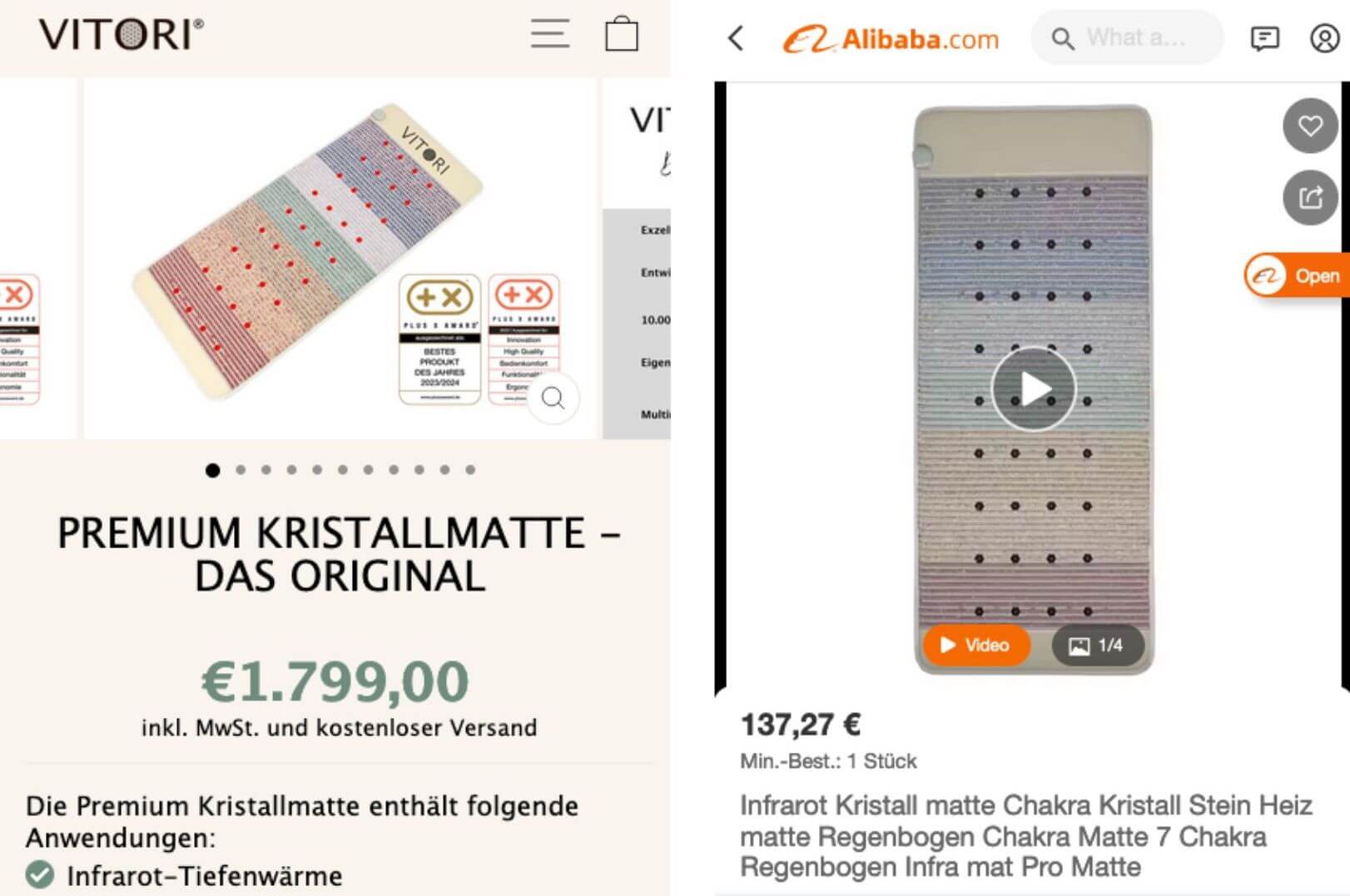Ein Screenshot von der Vitori-Webseite, wo die Matte 1.799 Euro kostet, neben einem Screenshot von Alibaba.com, wo eine ähnliche Matte für 137,27 Euro angeboten wird.