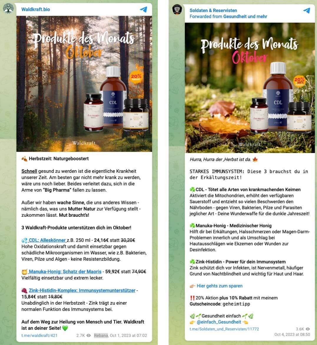 Zwei Screenshots, einmal vom offiziellen Waldkraft-Telegram-Kanal. Einmal von „Soldaten & Reservisten”. Beide zeigen sehr ähnliche Werbung für Waldkraft-Produkte.