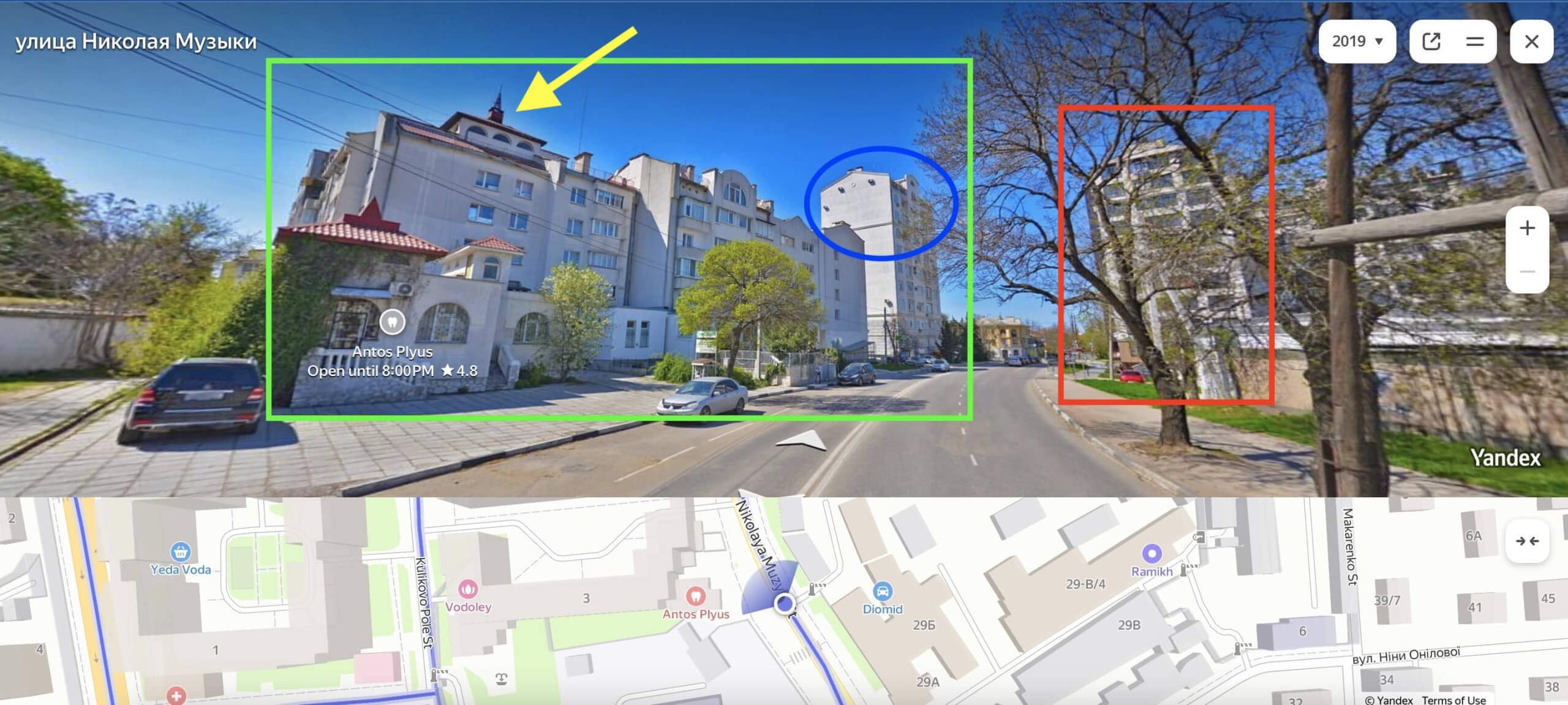 Yandex Maps zeigt dieselben Gebäude wie das Video