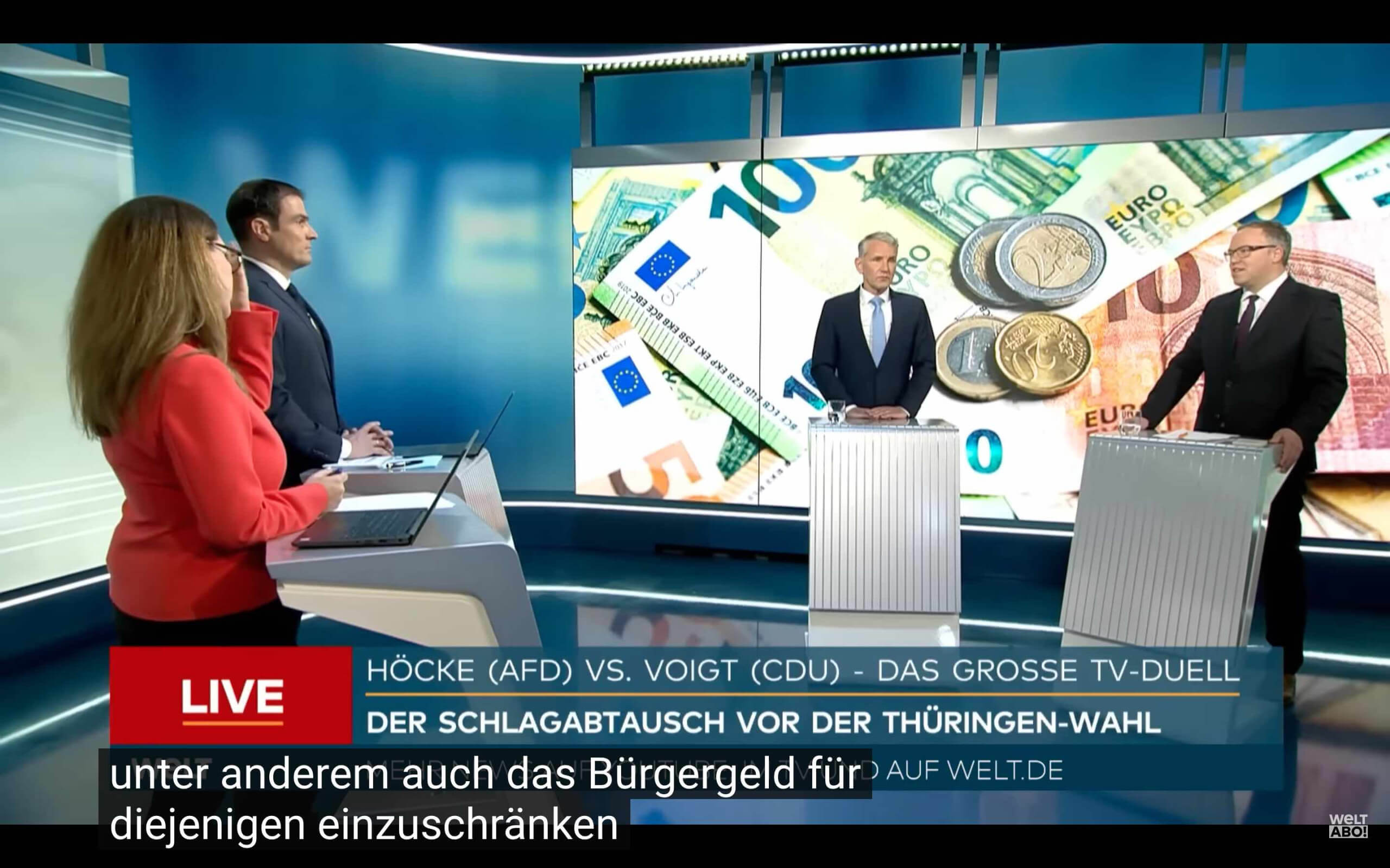 Screenshot des Youtube-Videos von Welt TV zum TV-Duell zwischen Höcke (AfD) und Voigt (CDU).