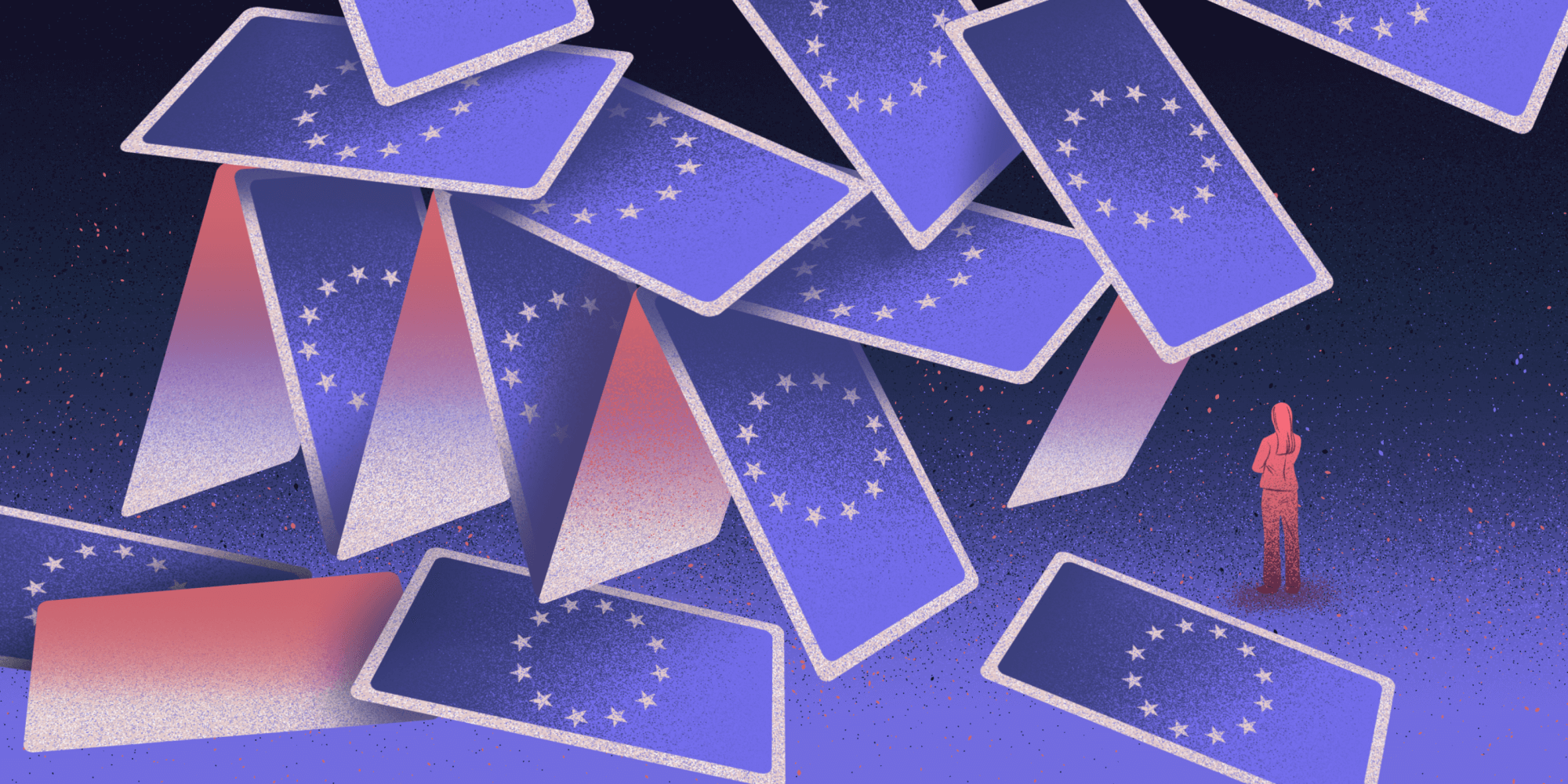 Ein Haus aus Karten mit dem Sternenkranz der EU fällt zusammen