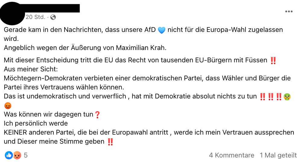 Facebook-Beitrag, in dem steht: "Gerade kam in den Nachrichten, dass unsere AfD 💙 nicht für die Europa-Wahl zugelassen wird. Angeblich wegen der Äußerung von Maximilian Krah."