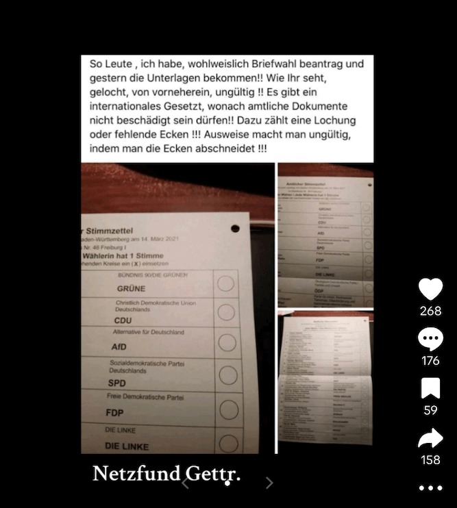 Screenshot eines Tiktok-Beitrags, darin sind Wahlzettel mit Loch in der Ecke zu sehen. Diese sollen ungültig sein, heißt es.