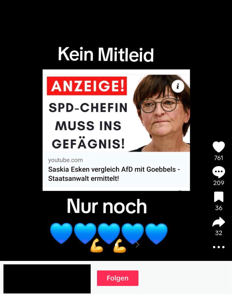 Screenshot eines Tiktok-Beitrags, darin steht, die SPD-Chefin müsse ins Gefängnis.
