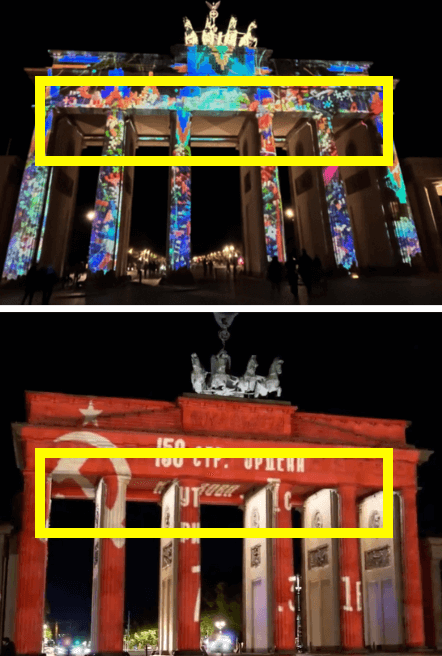 Zwei Fotos des Brandenburger Tors mit Projektionen. Auf dem oberen Foto sieht man auf der Unterseite des Torbalkens keine Projektion, auf dem unteren Foto hingegen schon.