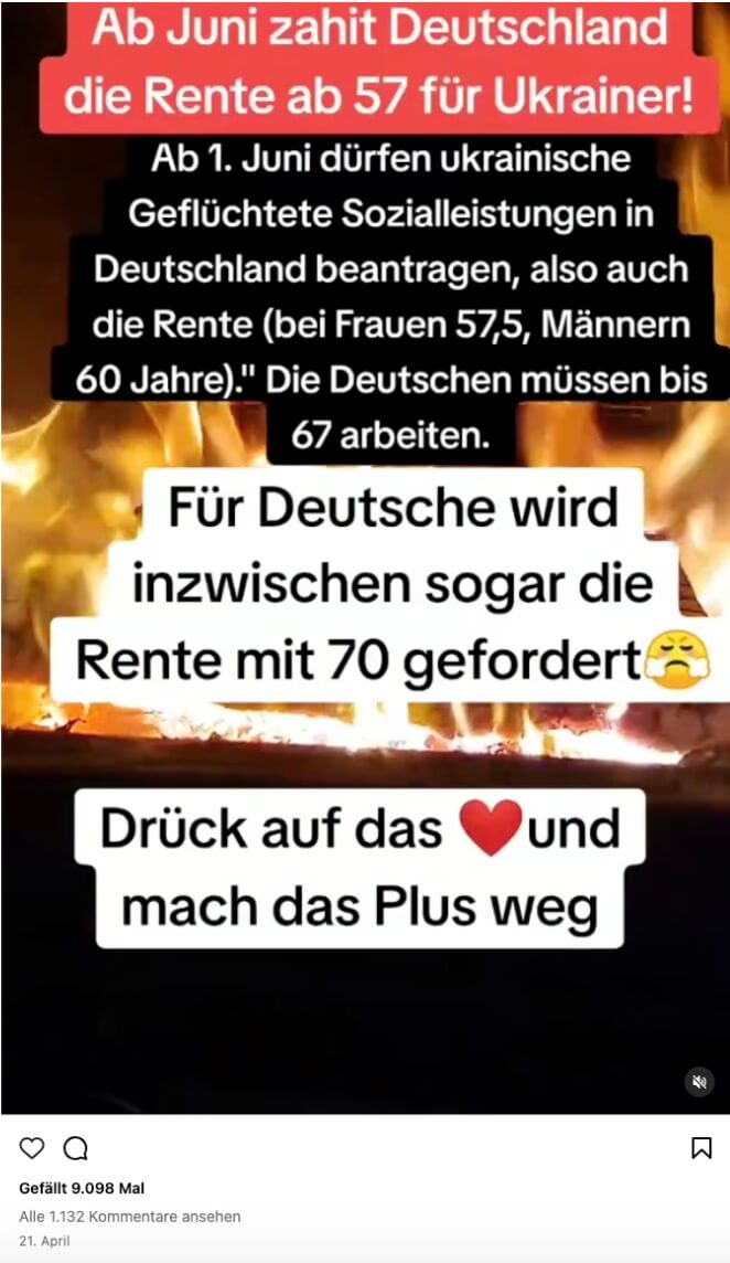 Screenshot des Instagram-Beitrags mit der Falschinformation, dass in Deutschland lebende Menschen aus der Ukraine ab 57 Jahren Rente erhalten würden