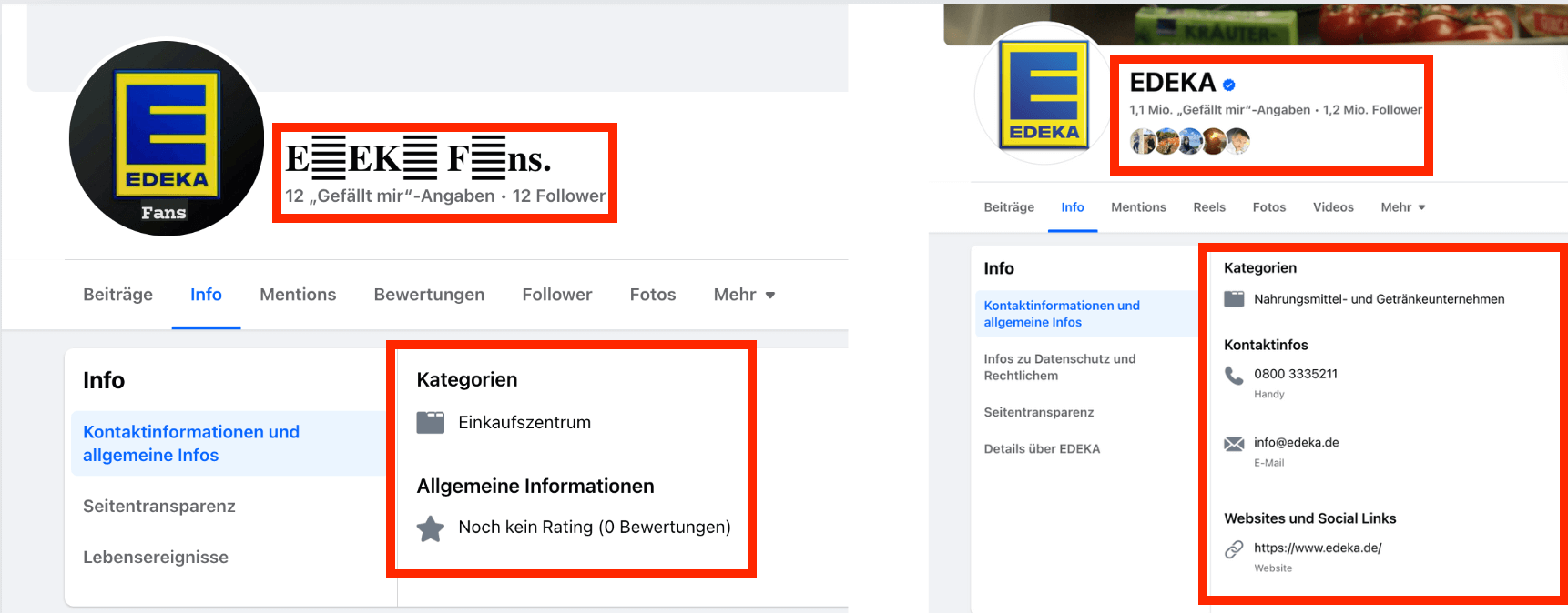 Im Vergleich des gefälschten Edeka-Profils (links) mit der verifizierten Edeka-Facebookseite (rechts) fallen schnell Unterschiede auf (Quelle: Facebook; Screenshots und Collage: CORRECTIV.Faktencheck)