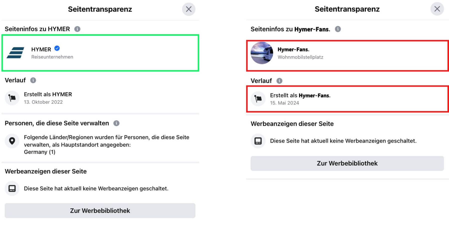 Vergleich der Seitentransparenz zweier Facebook-Seiten.