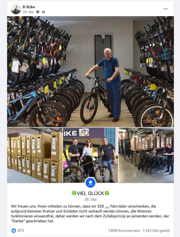 Screenshot des Gewinnspiels auf Facebook bei dem angeblich gebrauchte und beschädigte E-Fahrräder verschenkt werden 