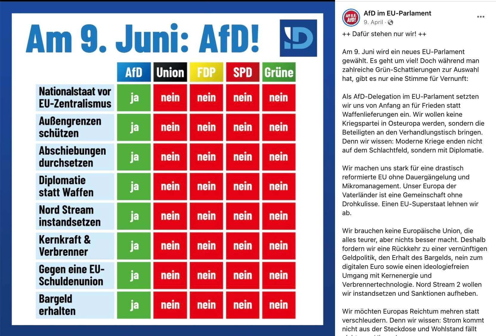 Screenshot eines Facebookbeitrags, in einer Tabelle sind politische Positionen und Parteien aufgeführt, nur die AfD hat stets einen grünen Haken.