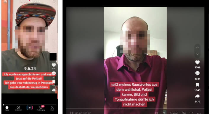 Nach der Europawahl 2024 verbreiten Personen im Netz zahlreiche unbelegte Vorwürfe der Wahlmanipulation – zuungunsten der AfD. So auch ein Mann in Potsdam in zwei Tiktok-Videos. Gegen ihn hat die Stadt jetzt Anzeige erstattet. (Quelle: Tiktok; Screenshots, Collage und Unkenntlichmachung: CORRECTIV.Faktencheck)