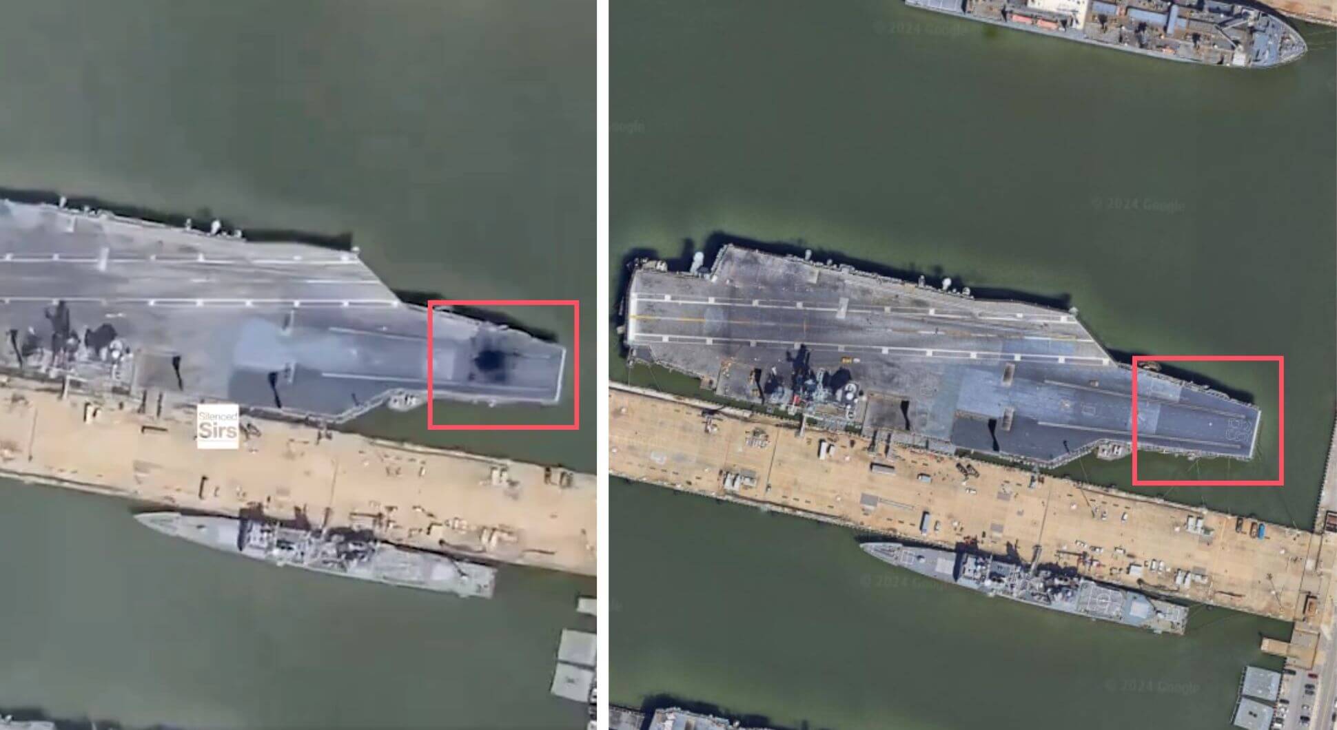 Links ist ein Loch an Deck der USS Eisenhower zu sehen - im Foto rechts nicht