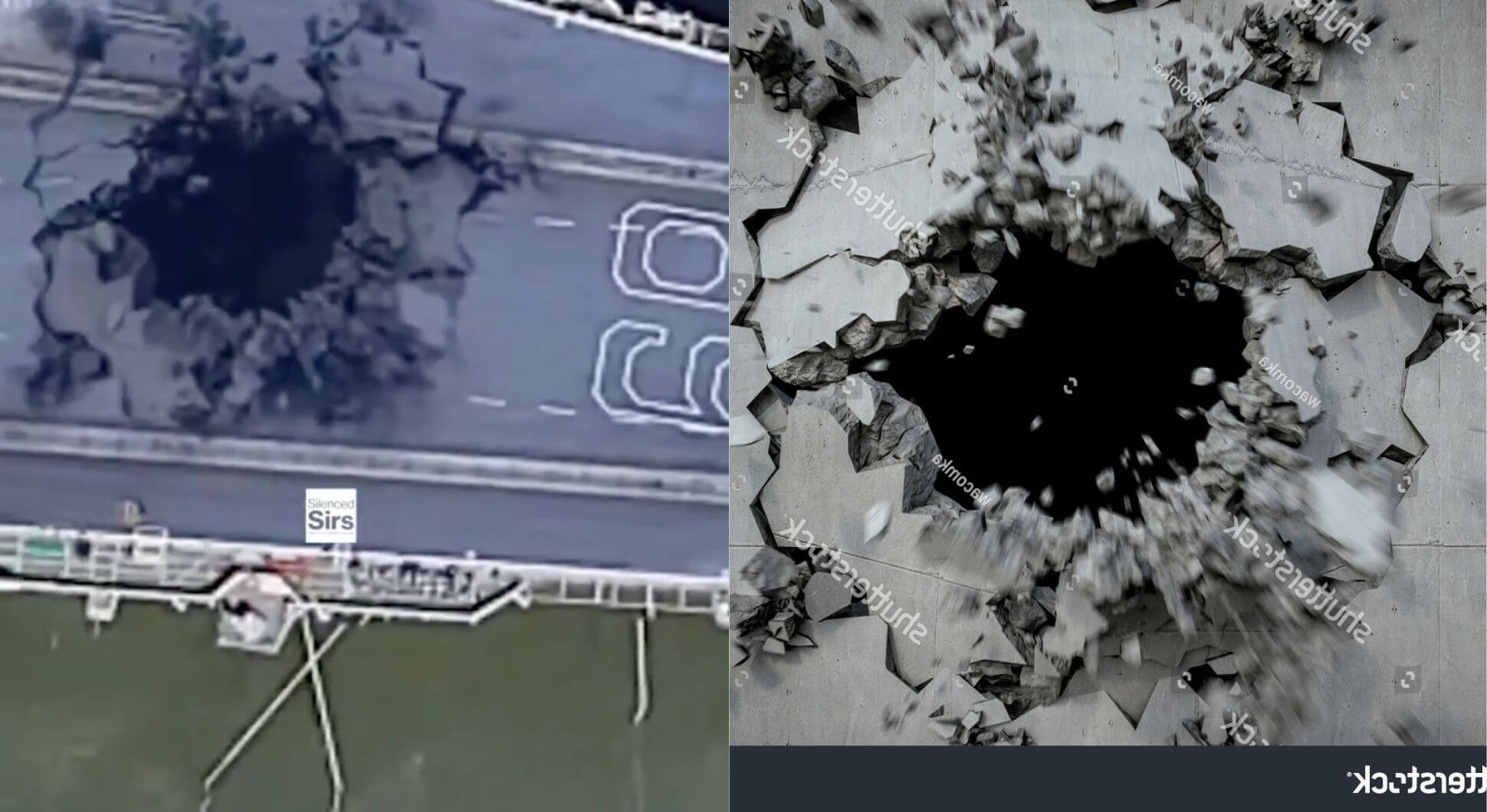 Links: Ein Satellitenbild, das angeblich das schwer beschädigte Deck der USS Eisenhower zeige. Rechts: Das Archivbild, das über die Satellitenaufnahme gelegt wurde.