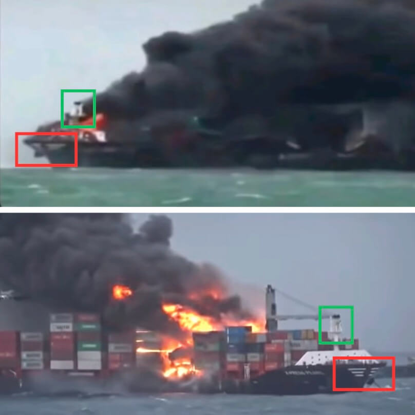 Oben: Bild aus dem Tiktok-Beitrag, Unten: Foto von der X-Press Pearl von 2021, Rot: Markierungen am Bug des Schiffes, Grün: Kranaufbau