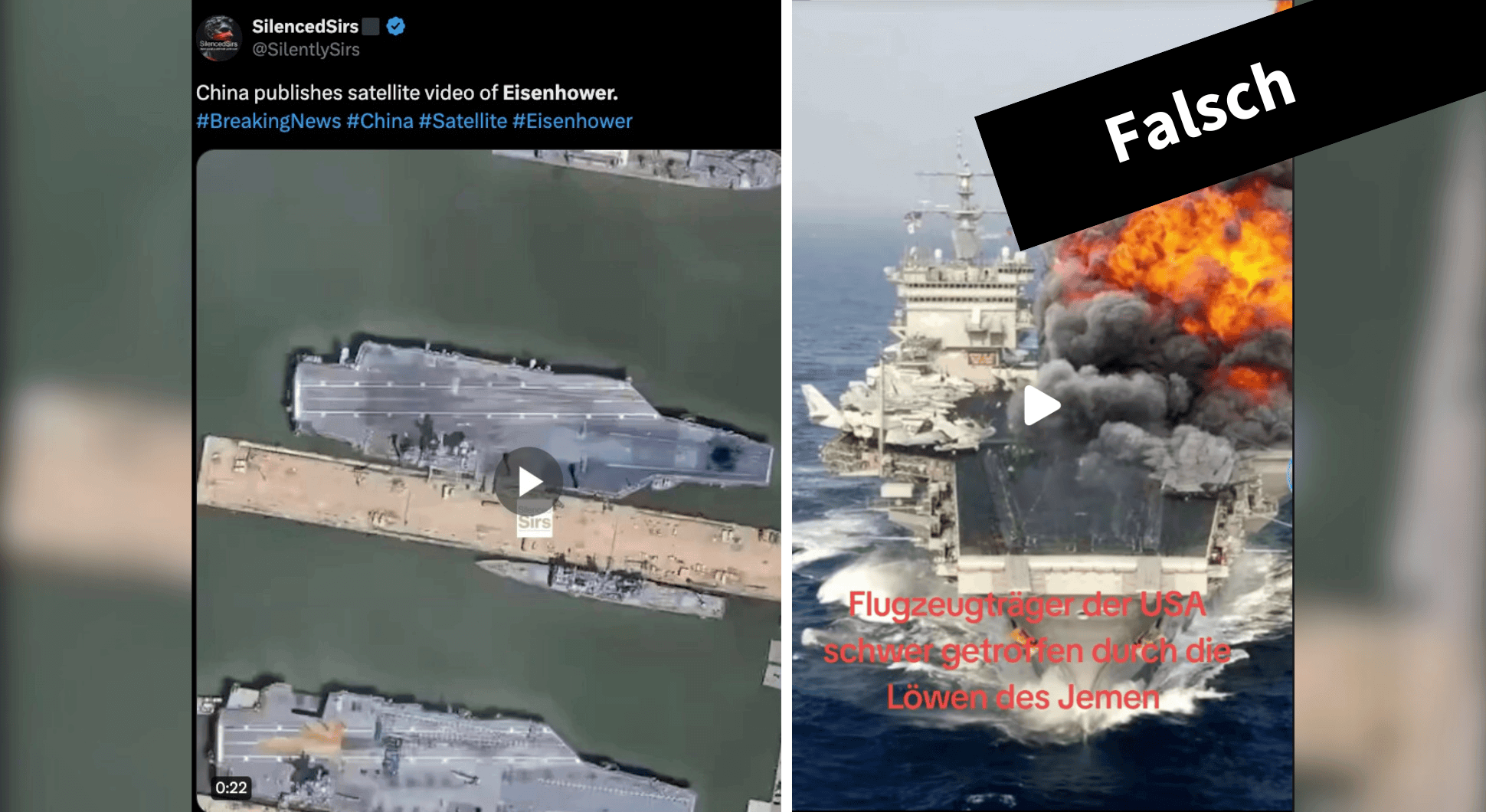 Kein Huthi-Angriff im Roten Meer: zu zwei Aufnahmen wird behauptet, sie würden die zerstörte „USS Eisenhower“ zeigen – doch sie sind manipuliert