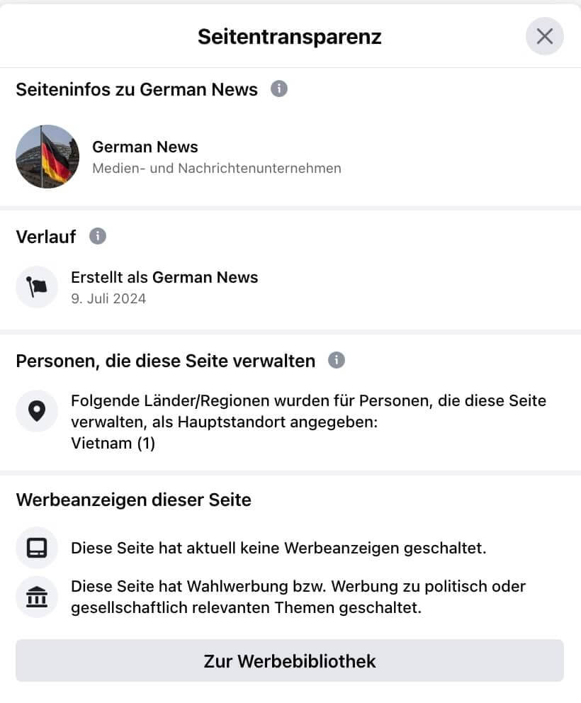 Abschnitt Seitentransparenz zu der Facebook-Seite