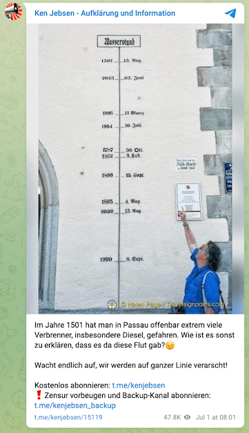 Screenshot eines Telegram-Beitrags. Darin sind Hochwassermarkierungen auf einer Mauer zu sehen, dazu wird der menschengemachte Klimawandel in Frage gestellt.