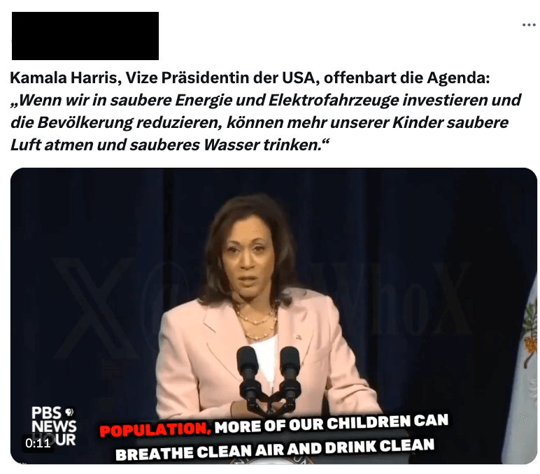 Ein X-Beitrag, in dem das Video von Harris geteilt wird. Dazu heißt es, sie offenbare „die Agenda".