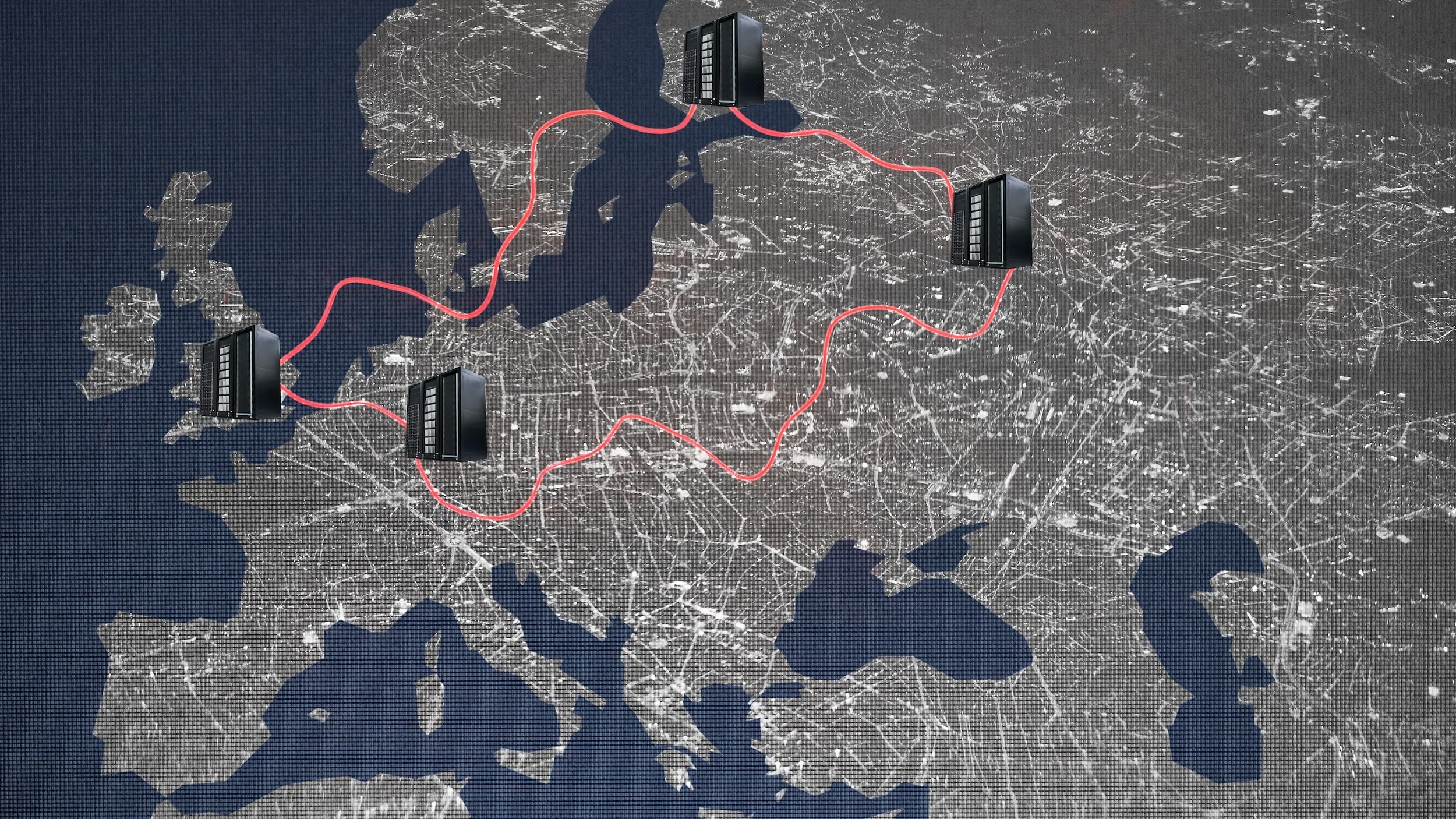 Europakarte mit einer roten Linie, die von Moskau nach London, nach Helsinki, nach Frankfurt und wieder zurück nach Moskau führt. In den genannten Städten stehen Servertürme – es ist die Infrastruktur der russischen Kampagne Doppelgänger