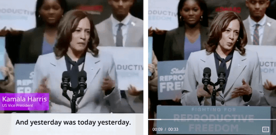 Zwei Screenshots belegen, dass das Fake-Video auf der Rede im Jahr 2023 basiert.