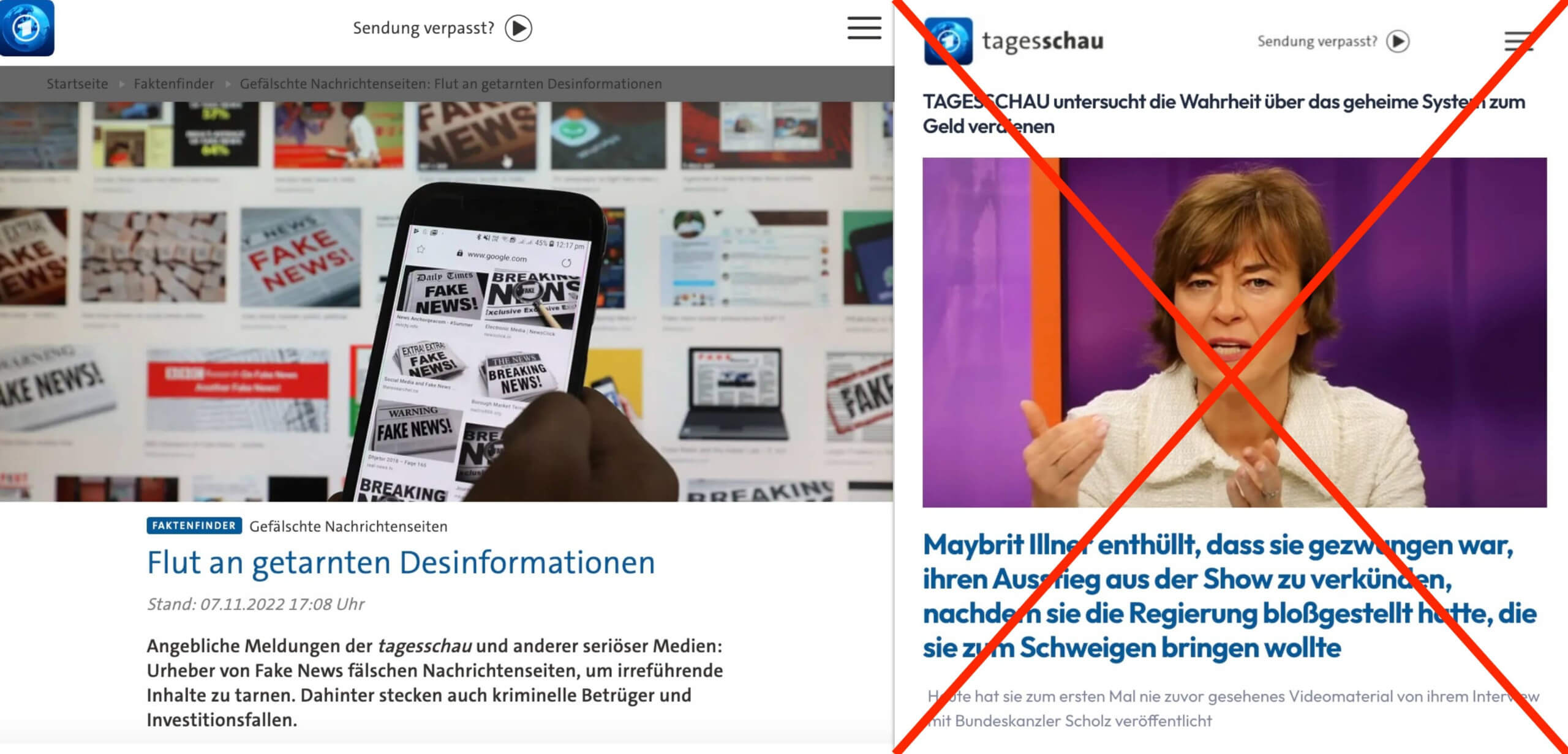 Links ein echter Artikel der Tagesschau, rechts der gefälschte Artikel