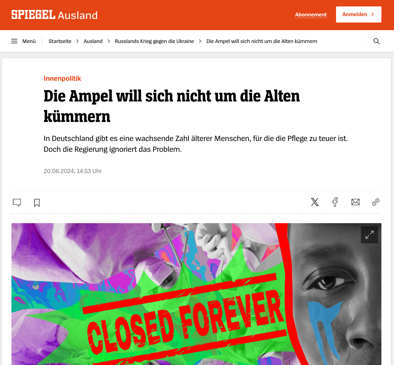 Gefälschter Spiegel-Artikel mit der Überschrift: „Die Ampel will sich nicht um die Alten kümmern“