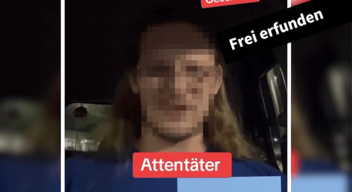 Screenshot aus einem Video, man sieht einen verpixelten Mann in blauem T-Shirt. Darunter steht "Attentäter", darüber "frei erfunden".