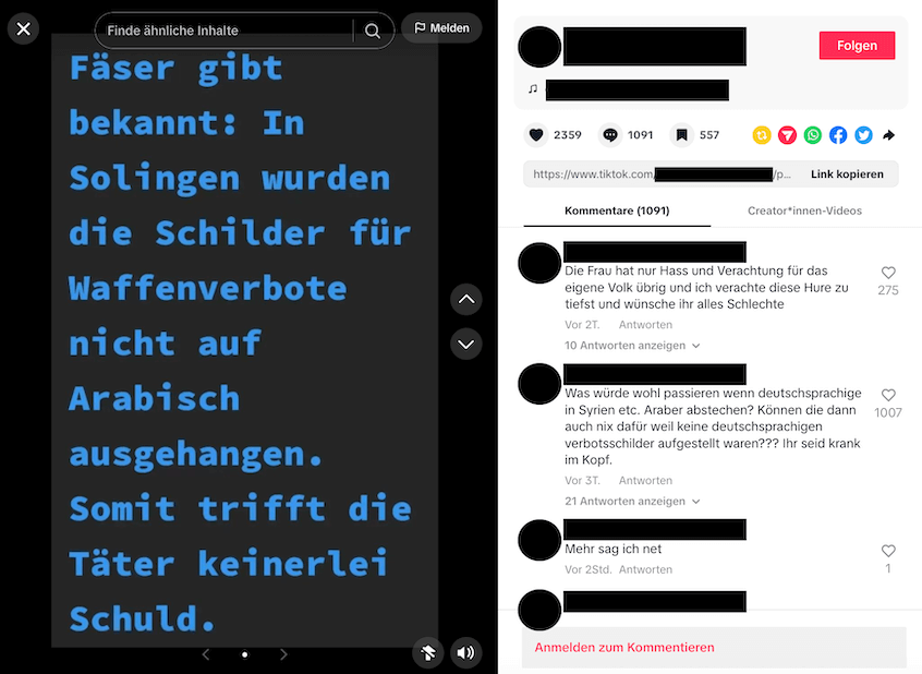 Screenshot eines Tiktok-Beitrags, darin heißt es, Nancy Faeser habe gesagt: In Solingen seien die Schilder für Waffenverbote nicht auf Arabisch ausgehängt gewesen. Somit treffe die Täter keine Schuld.