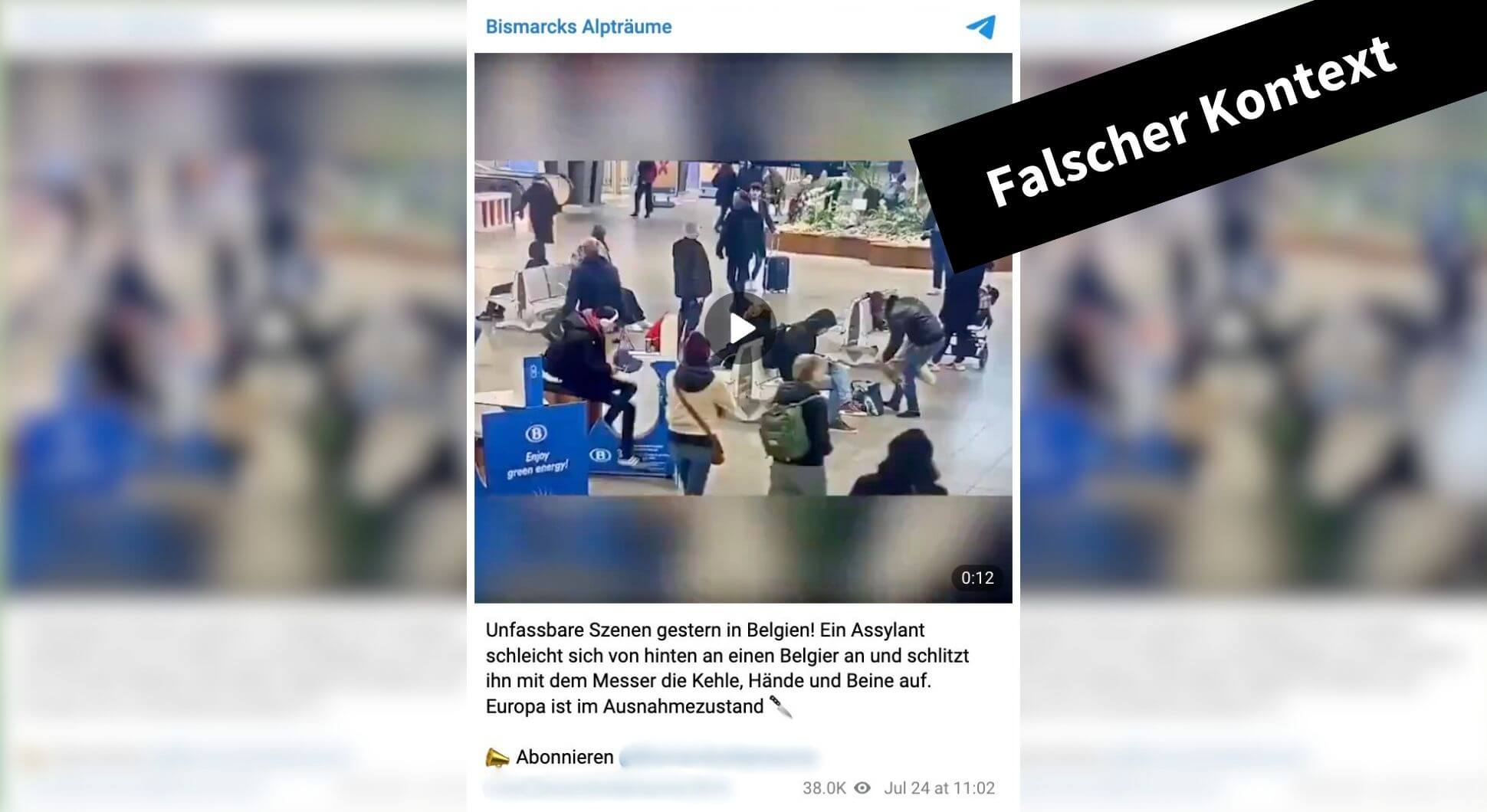 Telegram-Beitrag mit dem Video aus Brüssel – ein Mann geht auf einen anderen mit einem Messer los