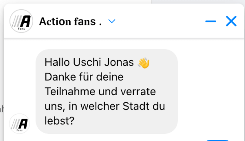 Wer das Gewinnspiel kommentiert, erhält sofort eine Direktnachricht der Fake-Action-Seite (Quelle: Facebook; Screenshot: CORRECTIV.Faktencheck)