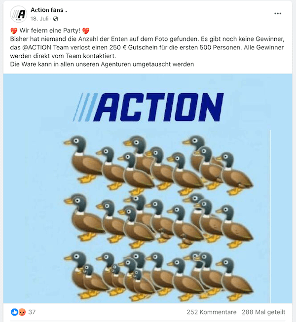 Erneut verbreitet sich auf Facebook ein gefälschtes Gewinnspiel, das angeblich vom Discounter Action stammt (Quelle: Facebook; Screenshot: CORRECTIV.Faktencheck)