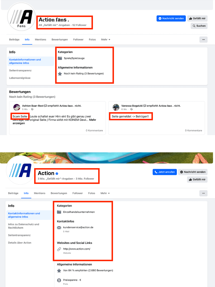 Oben die gefälschte Action-Seite, unten die offizielle Facebook-Seite (Quelle: Facebook; Screenshots, Markierungen und Collage: CORRECTIV.Faktencheck)