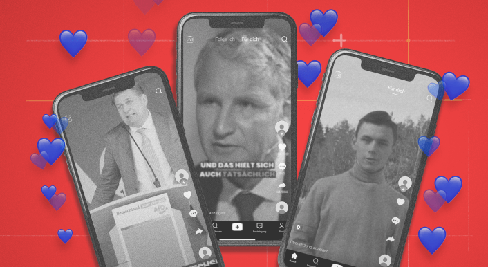 Eine Collage zeigt Handyscreens mit Tiktok-Beiträgen drauf, darum fliegen blaue Herzen.