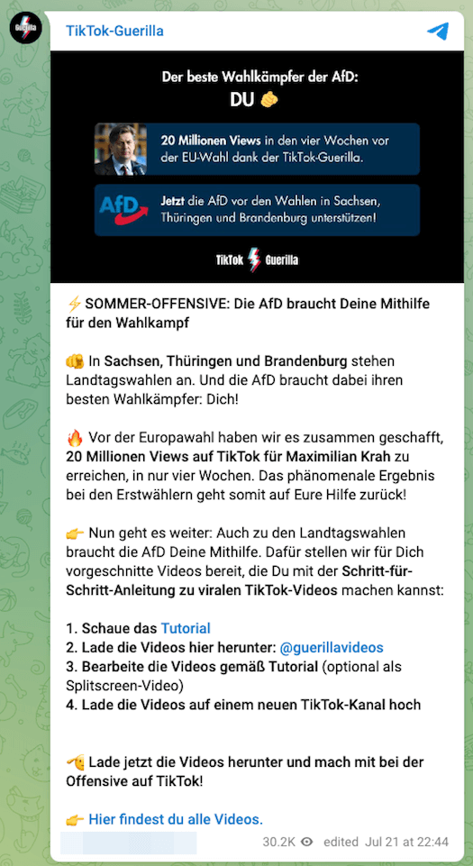 In einem Telegram-Beitrag wird zur "Sommer-Offensive" aufgerufen, also dazu Videos zu bearbeiten und zu veröffentlichen.