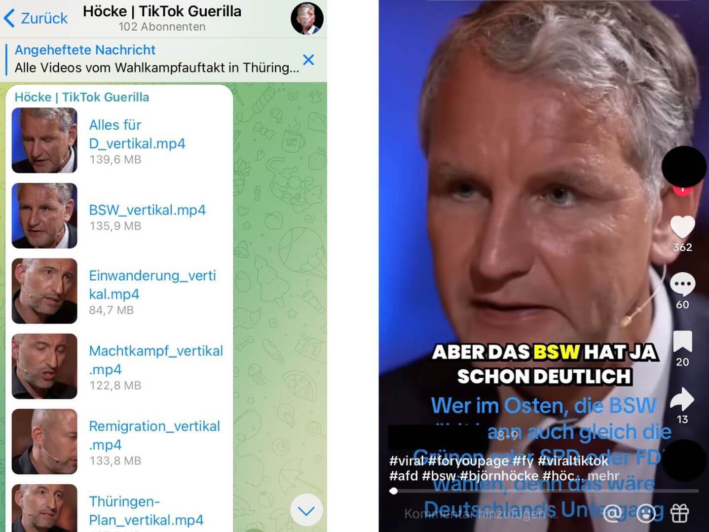 Links ein Screenshot aus dem Telegram-Kanal, in dem Videos zum Download bereit stehen, rechtes ein Tiktok-Beitrag.