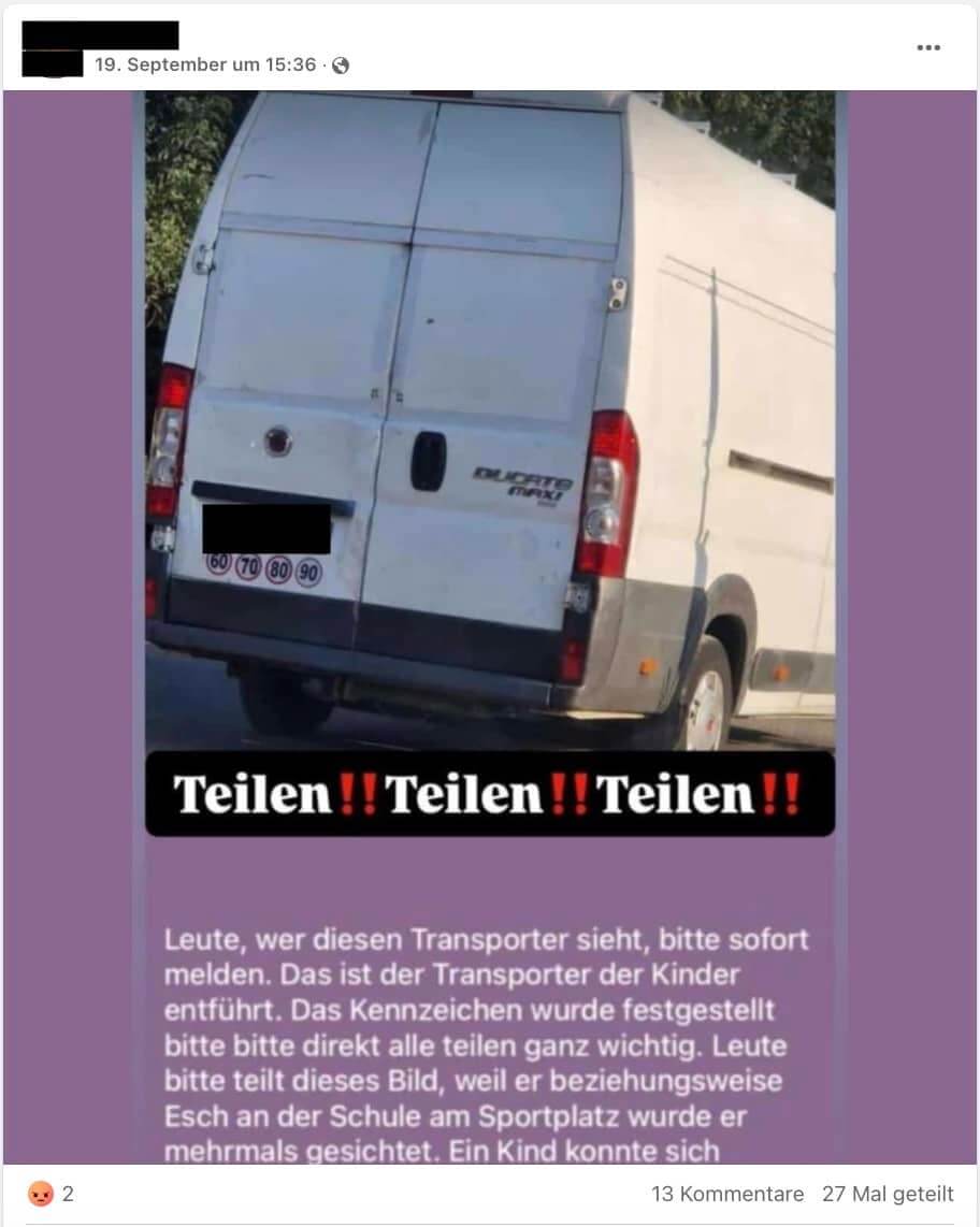 Auf Facebook kursiert das Foto eines weißen Transporters mit einem ausländischen Kennzeichen, der angeblich Kinder entführe – die Polizei spricht von einer Falschmeldung 