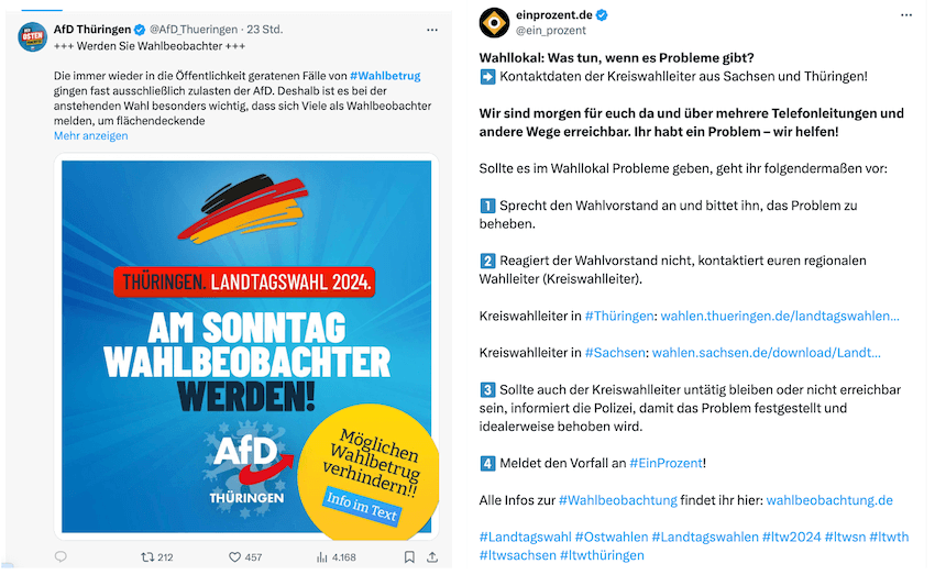 Die AfD Thüringen und das rechtsextremistische Aktionsbündnis „Ein Prozent“ warnten vor den Landtagswahlen auf X vor Wahlbetrug (Quelle: X; Screenshots und Collage: CORRECTIV.Faktencheck)