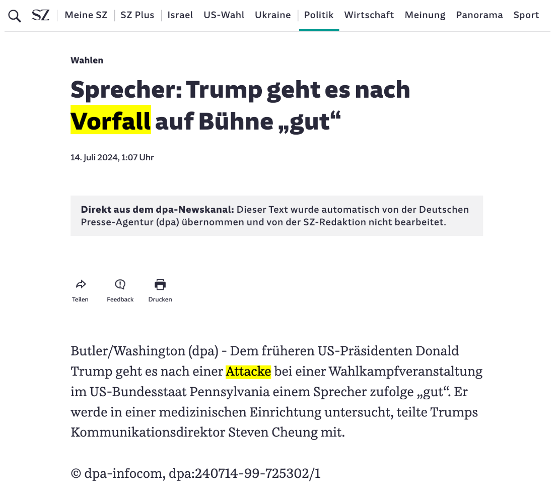 Die Meldung der Nachrichtenagentur DPA, die zahlreiche Medien automatisiert veröffentlichen, wie hier bei der Süddeutschen Zeitung (Quelle: Süddeutsche Zeitung; Screenshot und Markierung: CORRECTIV.Faktencheck)