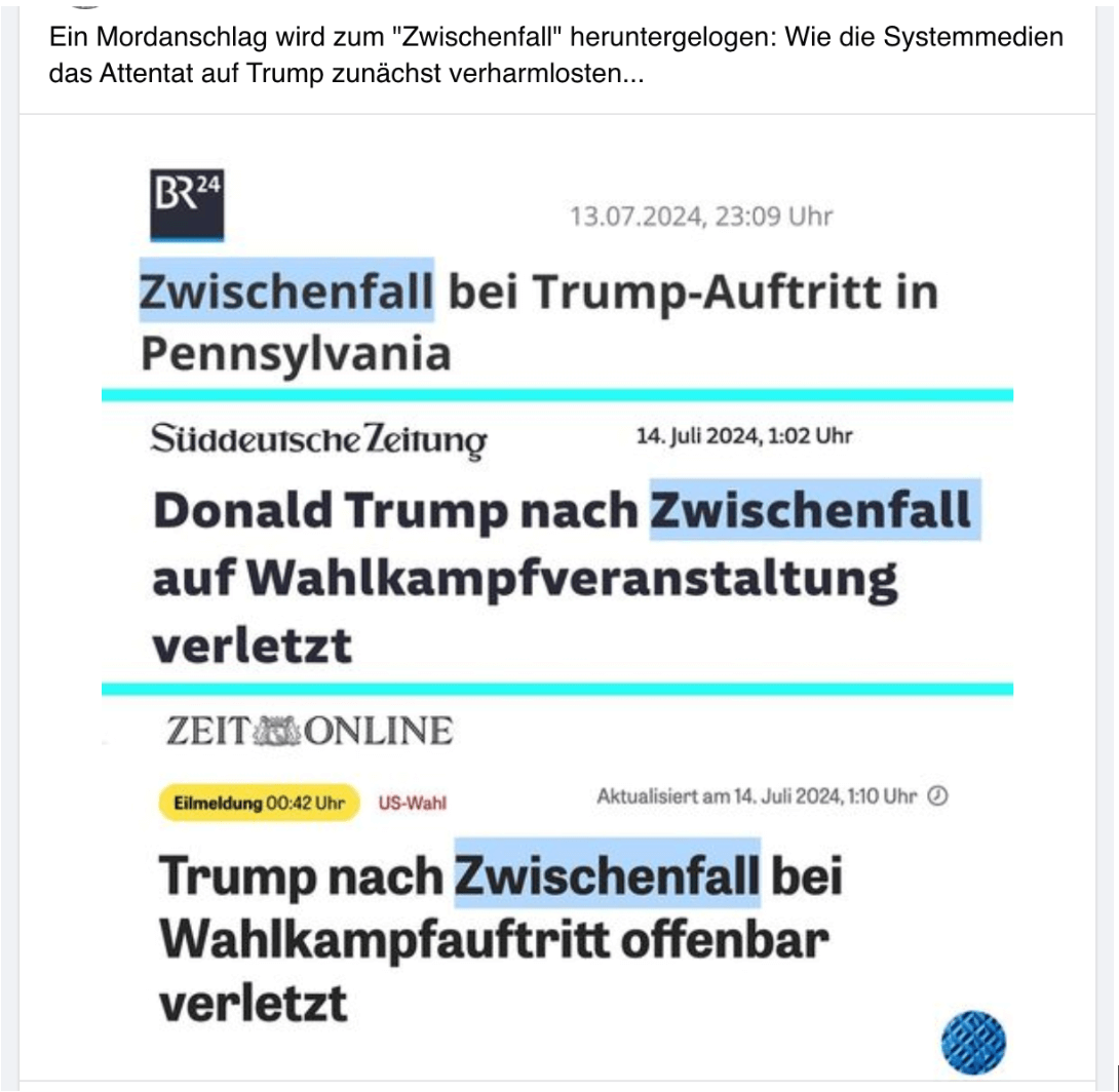 Ein Facebook-Beitrag suggeriert, BR24, Zeit Online und Süddeutsche Zeitung hätten das Trump-Attentat ebenfalls als „Zwischenfall“ verharmlost (Quelle: Facebook; Screenshot: CORRECTIV.Faktencheck)