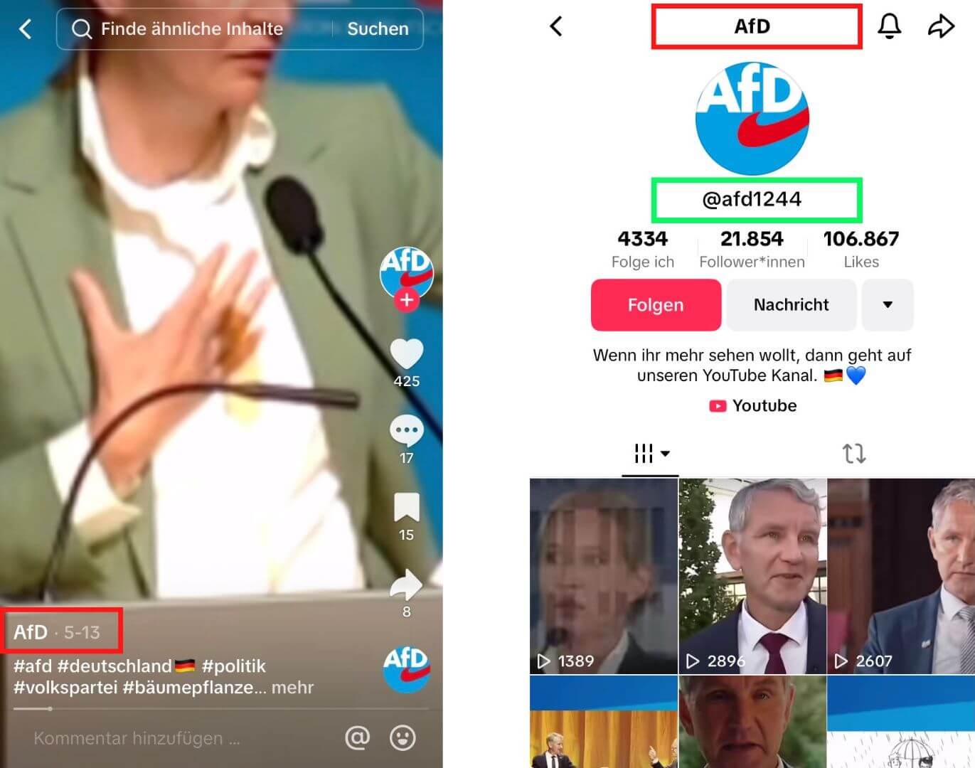 Ein Fake-Profil auf Tiktok, das Inhalte im Namen der AfD teilt.