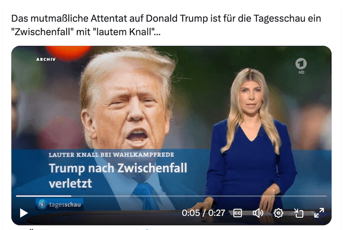 Die Tagesschau berichtete zunächst über einen „Zwischenfall“ und erst später, als mehr Details gesichert bekannt waren, über ein Attentat auf Trump in Pennsylvania (Quelle: X; Screenshot: CORRECTIV.Faktencheck)