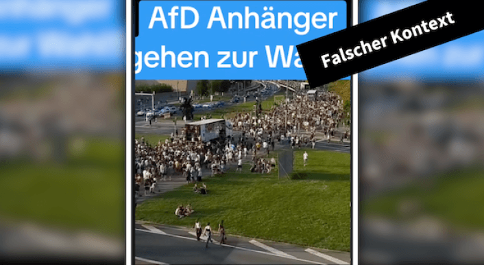 Eine Demonstration auf einer Hauptstraße, darüber der Schriftzug "AfD Anhänger gehen zur Wahl"