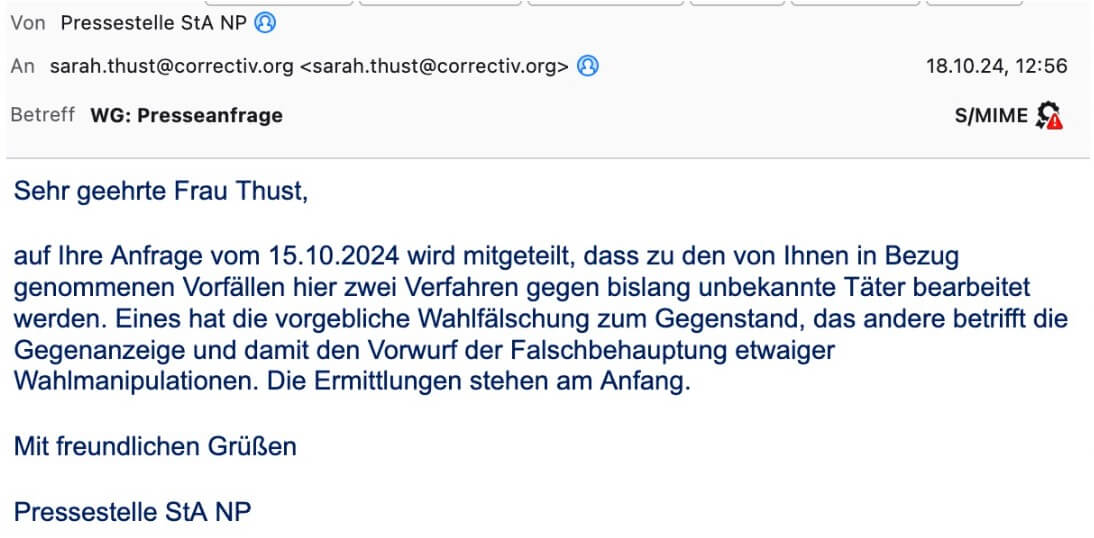 Per E-Mail schreibt die Staatsanwaltschaft Neuruppin, dass zwei Verfahren gegen unbekannte Täter bearbeitet werden