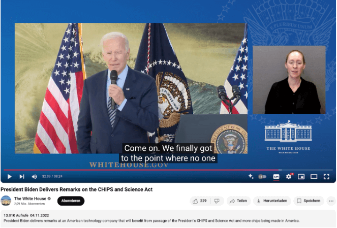 Youtube-Video von Rede von Joe Biden im November 2022